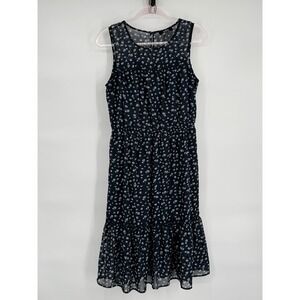ABS Floral Navy Blue Ruffle Midi Dress Sleeveless Summer Party Sun Dress Sz M‎